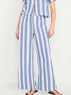 NWT Old Navy Tall High-Waisted Crinkle Gauze Wide-Leg Pants Blue Stripe